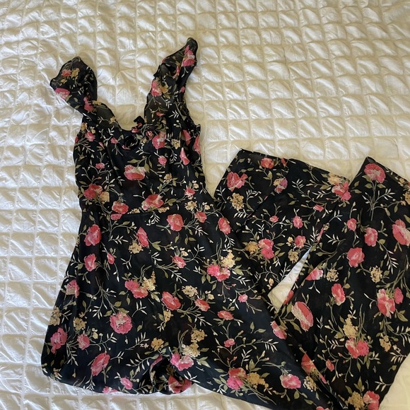 Reformation Black Jumpsuit with Pink Floral Design - Picture 1 of 10